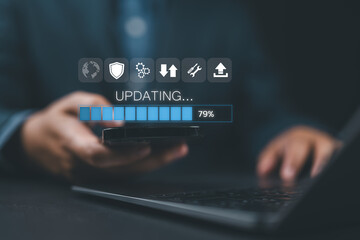 Update software application upgrade technology concept. Man using smart phone, Software update or...