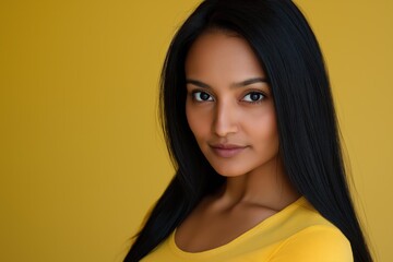 Fototapeta premium A studio close-up portrait of a young Pakistani woman wearing a casual t-shirt, with a colourful background.
