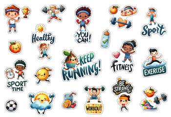 Naklejka premium Fitness stickers set, cartoon kids clipart for planners, motivational quote, positive messages, fitness gym clipart, workout stickers