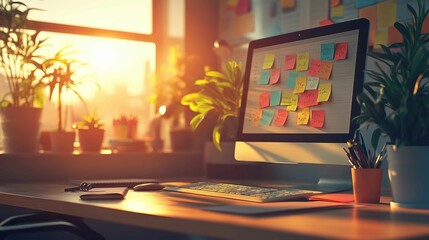 Vibrant Workplace Inspiration with Colorful Notes and Contemporary Illumination on Airy Background