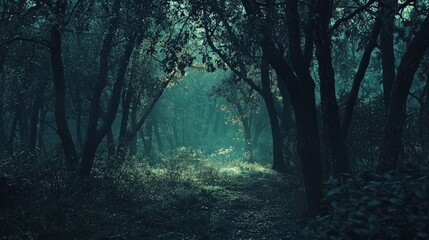 Obraz premium Secrets of the Whispering Woods - A Mystical Fantasy Forest with Living Trees and Dancing Shadows