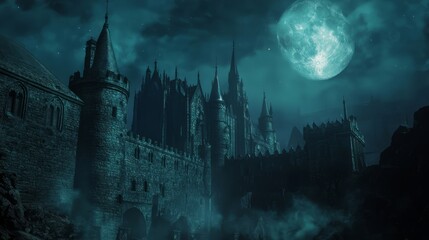 Fototapeta premium Enchanted Medieval Castle Illuminated by Moonlight with Lingering Shadows in Towers' Corners