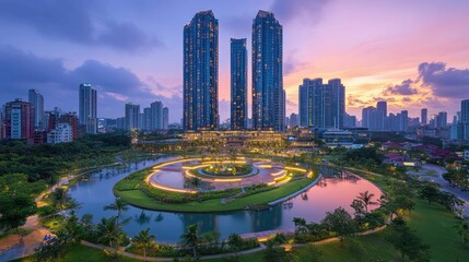 Fototapeta premium City Awakening: Modern Office Towers in the Dawn Light of Business District