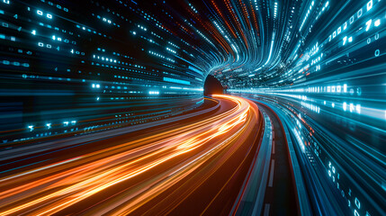 Obraz premium High speed modern digital technology blue and orange blurred abstract background.