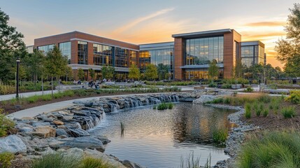 Serene Sunrise over Corporate Office Buildings in a Tranquil Business District