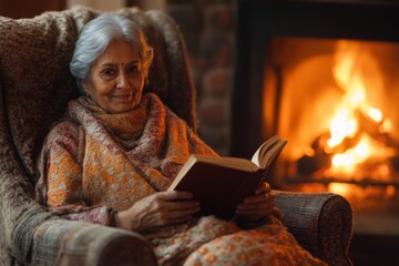Cozy winter evening with elderly indian woman reading by the fireplace