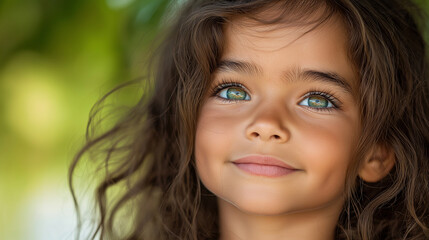 Fototapeta premium A young girl with dark hair and bright green eyes, smiling gently as she looks up, her eyes filled with wonder and curiosity, the sunlight softly illuminating her face and hair, cr