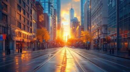Fototapeta premium Serene Morning in a Bustling Corporate District - Sunlight Embracing Empty City Streets with Towering Buildings in Background