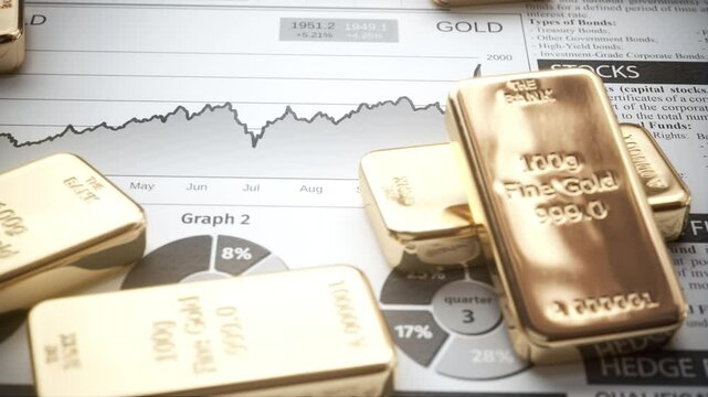 Gold bars and ingots on a stock exchange chart 3d video animation