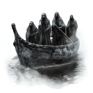 A ghostly pirate crew rowing a haunted boat, Halloween theme, eerie and dark, isolated on white background