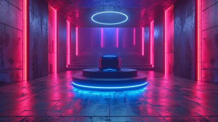 VR Glasses. Virtual reality headset device. Abstract VR room with podium for presentation 3d product. 3D Rendering illustration