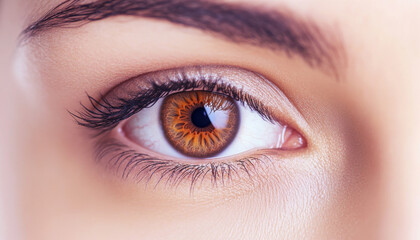 Obraz premium Extreme close-up of a human eye showcasing a vibrant, golden-brown iris with intricate details, highlighting vision, beauty, and uniqueness. 