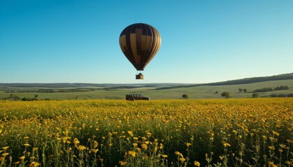Obraz premium A peaceful scene of a hot air balloon floating above a vast field of yellow flowers, capturing the tranquility and beauty of nature. The balloon. AI Generation