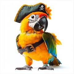A pirate parrot with a pumpkin head, Halloween theme, cute and spooky, isolated on white background