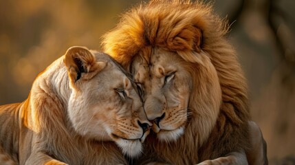 A majestic lion and a lioness are gently hugging each other lovingly © Ruslan Gilmanshin