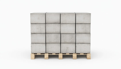 Neatly stacked concrete blocks on a wooden pallet, isolated against a white background, representing construction materials and industrial shipping.
