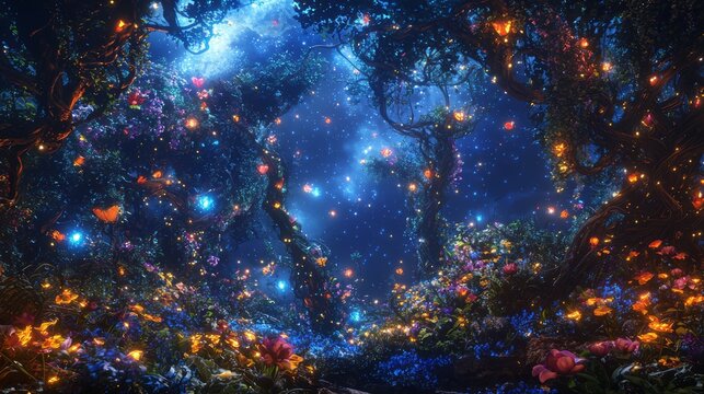 15090447 119 A dark, enchanted garden overrun with twisted vines and glowing flowers under a starlit sky --ar 16:9 --quality 2 --v 6.1 Job ID: b11ba230-fcdc-491c-bd09-e2fbc37a37a7