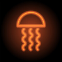 Jellyfish simple icon. Flat design. Orange neon on black background