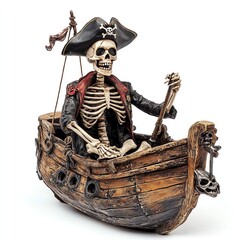 A spooky pirate skeleton steering a haunted ship, Halloween theme, eerie and adventurous, isolated on white background
