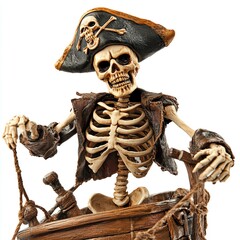 A spooky pirate skeleton steering a haunted ship, Halloween theme, eerie and adventurous, isolated on white background