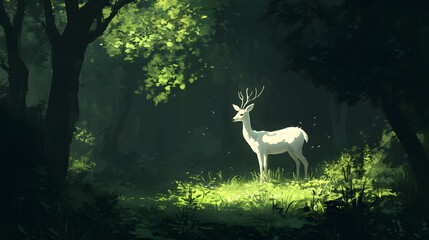 111. A lone white deer standing in a serene forest