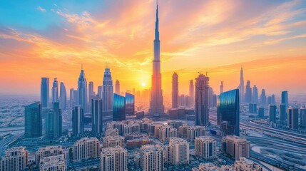 Fototapeta premium Glowing Morning Skyline: Financial District Skyscrapers at Sunrise