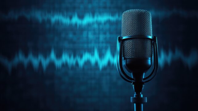 A vintage microphone in front of a blue sound wave background.