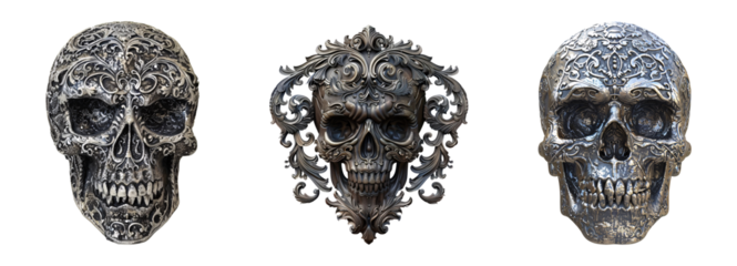 Intricate decorative skulls featuring ornate designs and detailing in metallic tones.