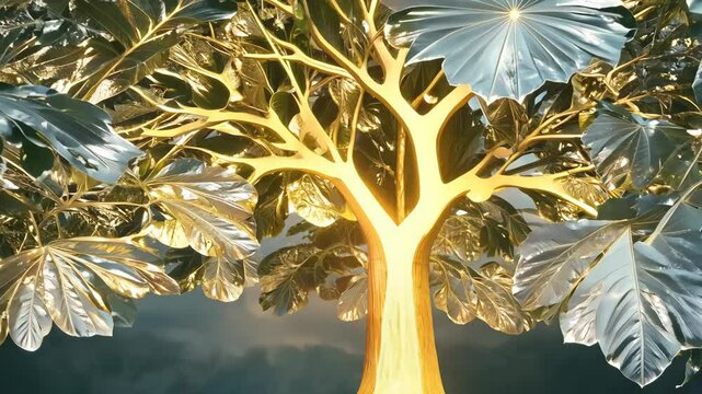 Golden Glowing Tree with Fluttering Silver Leaves in Ethereal Forest