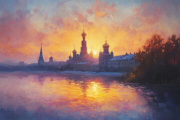 Fototapeta premium oil painting, Russia. Artwork. Big ben at sunrise.
