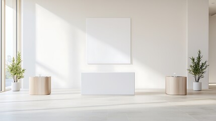 Elegant conference room set up for a business event, with clear lines and ample space for advertising text, deep depth of field