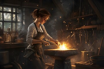 A young woman blacksmith works diligently at her forge, sparks flying as she shapes the glowing metal.
