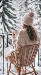 Cozy winter morning on the balcony with a warm beverage and snowy forest views