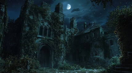 Enchanting Haunted Castle Courtyard at Night with Ghostly Figures Roaming Beneath Starlit Sky