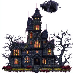 A pixelated haunted mansion as a level in a retro arcade game, Halloween theme, dark and nostalgic, isolated on white background