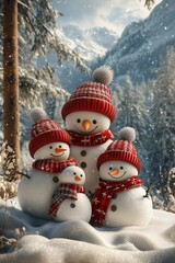 Obraz premium Three cheerful snowmen in red hats amidst a snowy landscape, exuding winter joy.