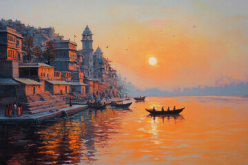 3d illustration of Ancient Varanasi city architecture at sunrise with view of sadhu baba enjoying a boat ride on river Ganges. India