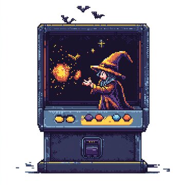 A retro arcade game with a witch casting pixelated spells, Halloween theme, dark and magical, isolated on white background