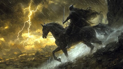 Fototapeta premium A Dark Knight On A Black Steed, Charging Through A Stormy Landscape With Lightning Illuminating The Scene