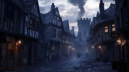 Obraz premium Enchanting Medieval Village at Dusk with Curling Smoke and Cobblestone Shadows