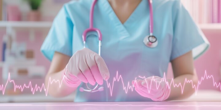 A medical professional in a surgical gown, gloves and with a stethoscope in his neck looks at an electrocardiogram. A cardiologist examines ecg of a patient's heart in cardiology. The visual is neon.
