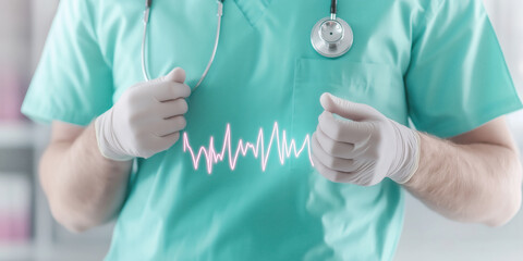 A medical professional in a surgical gown, gloves and with a stethoscope in his neck looks at an electrocardiogram. A cardiologist examines ecg of a patient's heart in cardiology. The visual is neon.