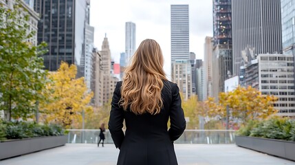 Fototapeta premium Businesswoman walking through an urban business district, skyscrapers in the background, ample copy space for advertisement, deep depth of field