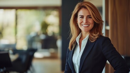 A female business leader in a formal suit, standing in her office with a commanding presence and a welcoming smile