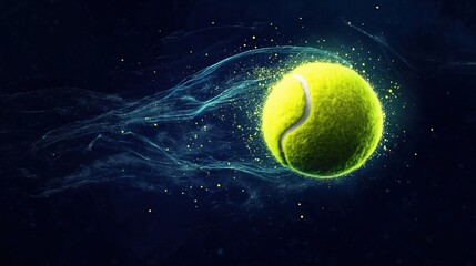 Tennis ball on fire, particles floating on a dark background