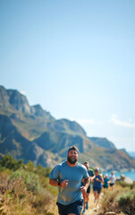 Naklejka premium Overweight man going for a run with friends