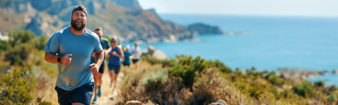 Overweight man going for a run with friends