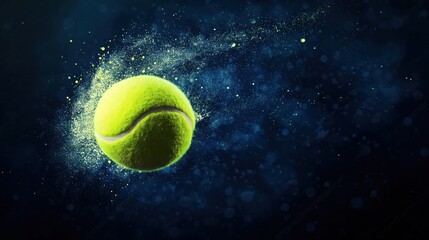 Tennis ball on fire, particles floating on a dark background
