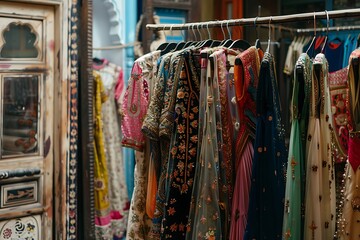 Clothes on rack in Indian boutique