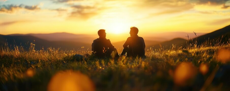 Buddies chilling with an expansive view of a calm landscape side angle soft natural light,
